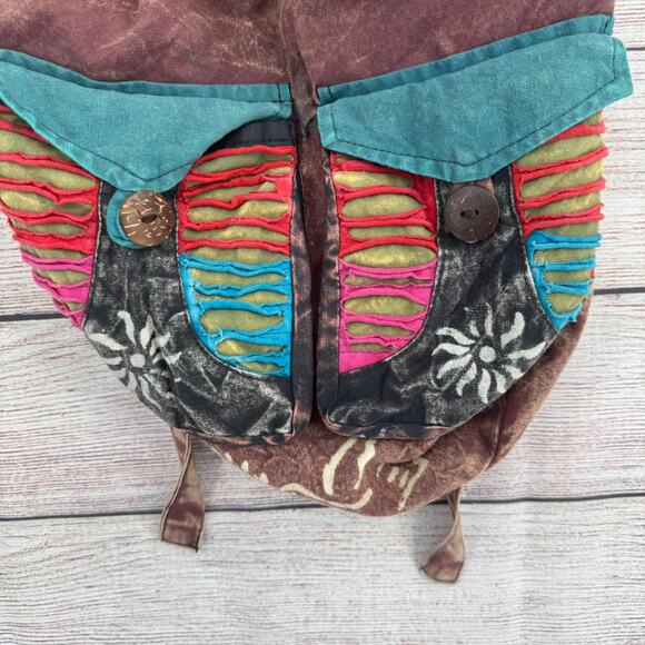 Made in Nepal BOHO Flapover Backpack Adult Black Brown Blue Red Green - Picture 4 of 9